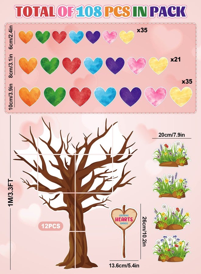 Whaline 108Pcs Valentine's Day Heart Tree Bulletin Board Decor Colorful Heart Tree Cut-Outs Valentine Watercolor Lovely Classroom Tree with Glue Points for School Wall Chalkboard Decor - Image 2