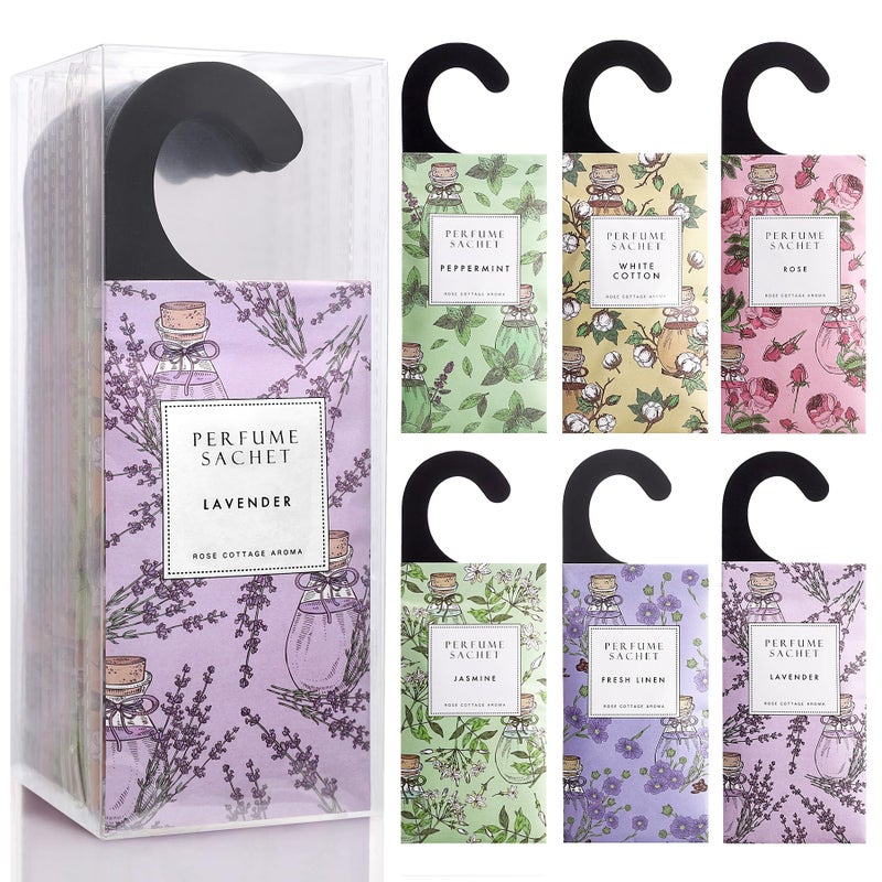 ROSE COTTAGE Large 12 Packs Hanging Closet Deodorizer Air Freshener Scented Sachets Long Lasting Smell Goods 6 Scents Option - Lavender, Linen, Cotton, Mint, Jasmine, Rose - Image 1