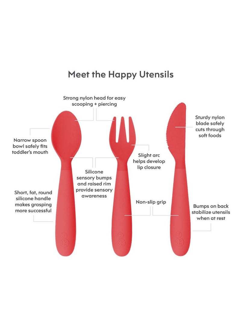 ازبيز أدوات طعام هابي - شوكة وملعقة وسكين خالية تمامًا من مادة BPA للأطفال الصغار ومرحلة ما قبل المدرسة والأطفال الذين يعتمدون على أنفسهم في تناول الطعام - من عمر سنتين فما فوق - لون مرجاني - Image 3