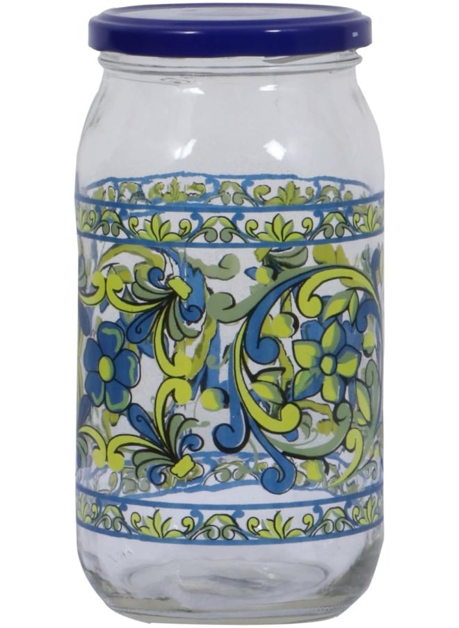 Zinnia Spanish Glass Jar 1 Liter Blue Lid Modern Decorated Colore 