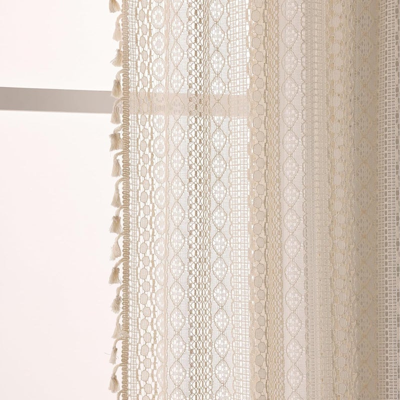 WAZZIO Boho Lace Curtains 105 Inch 2 Panel,Light Filtering Privacy Tassel & Geometry Crochet Semi Sheer Curtain Drapes for Bedroom Living Dining Room,Rod Pocket & Tassel,Vintage Farmhouse Decor,Beige - Image 5