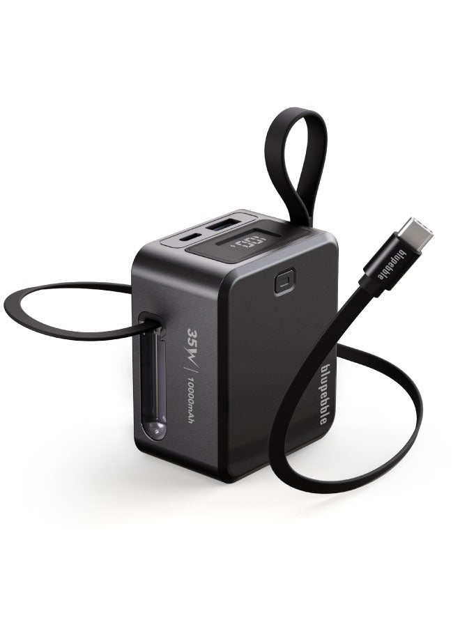 blupebble لينك بود 35 10000 مللي أمبير 35 واط بنك طاقة مع كابل USB-C قابل للسحب مدمج – شاحن محمول مدمج، شاشة رقمية LED، مخرج مزدوج USB-C + USB-A، شحن سريع لآيفون، سامسونج، أندرويد والأجهزة اللوحية - Image 1