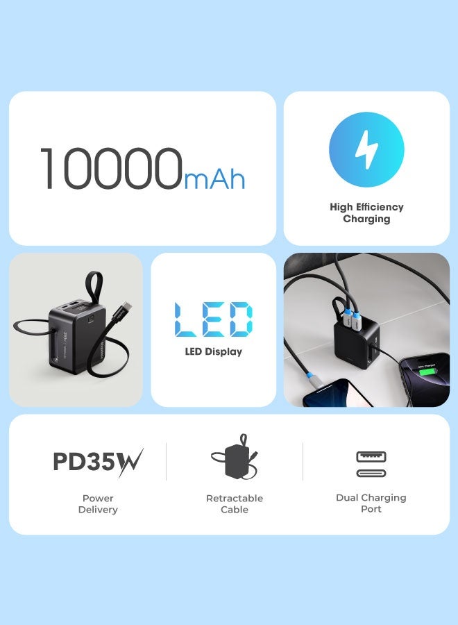blupebble لينك بود 35 10000 مللي أمبير 35 واط بنك طاقة مع كابل USB-C قابل للسحب مدمج – شاحن محمول مدمج، شاشة رقمية LED، مخرج مزدوج USB-C + USB-A، شحن سريع لآيفون، سامسونج، أندرويد والأجهزة اللوحية - Image 2