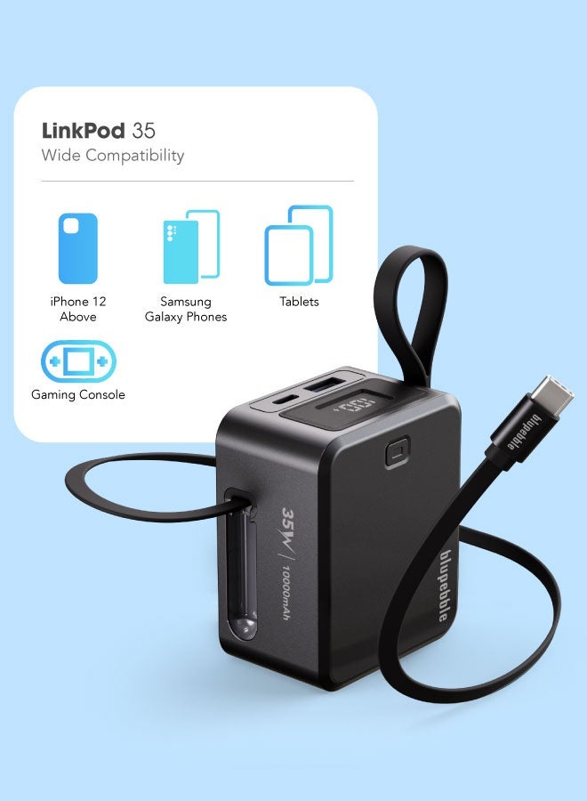 blupebble لينك بود 35 10000 مللي أمبير 35 واط بنك طاقة مع كابل USB-C قابل للسحب مدمج – شاحن محمول مدمج، شاشة رقمية LED، مخرج مزدوج USB-C + USB-A، شحن سريع لآيفون، سامسونج، أندرويد والأجهزة اللوحية - Image 3