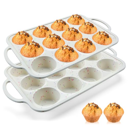 Vinino 2Pack Silicone Muffin Pan for Baking with Metal Reinforced Frame, 12 Cup Regular Size Cupcake Pan, BPA Free Silicone Muffin Tray, Cupcake Baking Pan Molds for Oven Dishwasher Safe - Image 1