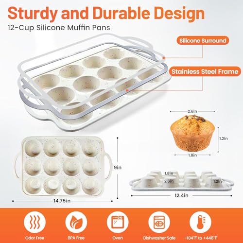 Vinino 2Pack Silicone Muffin Pan for Baking with Metal Reinforced Frame, 12 Cup Regular Size Cupcake Pan, BPA Free Silicone Muffin Tray, Cupcake Baking Pan Molds for Oven Dishwasher Safe - Image 2
