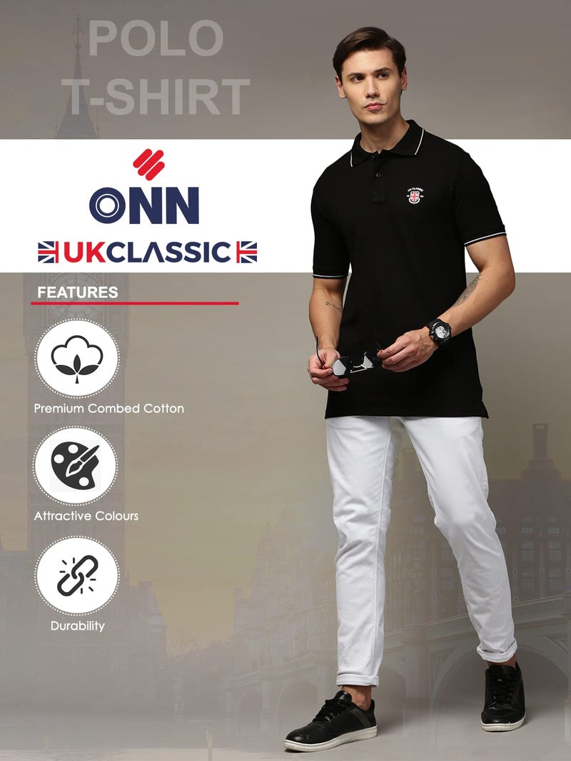 ONN UK Classic Men's Black Premium Combed Cotton Polo Collar Half Sleeves Solid T-Shirt | Polo T-Shirt with Face Mask (Size : Medium) - Image 3