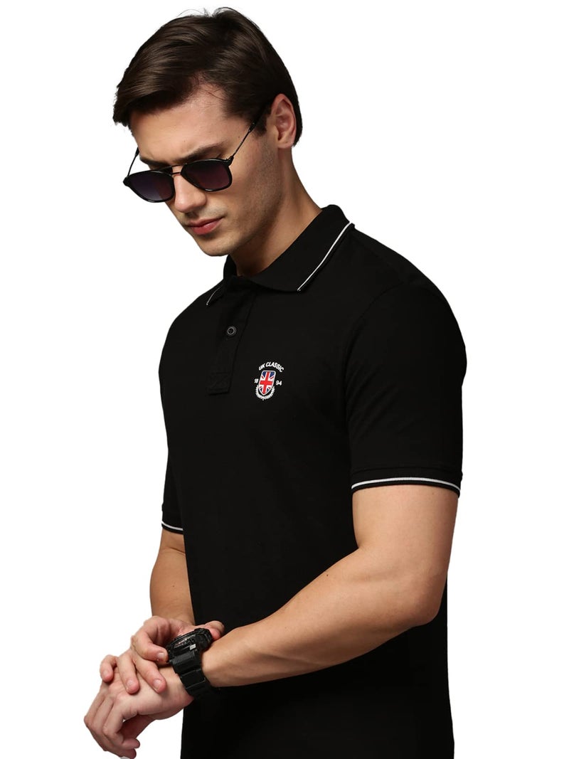 ONN UK Classic Men's Black Premium Combed Cotton Polo Collar Half Sleeves Solid T-Shirt | Polo T-Shirt with Face Mask (Size : Medium) - Image 2