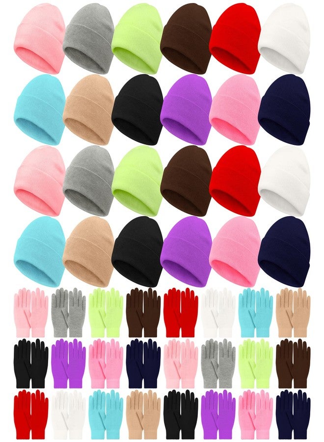 Cooraby 48-Piece Kids Winter Hats and Gloves Bulk 24 Knitted Beanies & 24 Pairs of Gloves Warm Set for Boys Girls Charity Care Bundle - Image 1