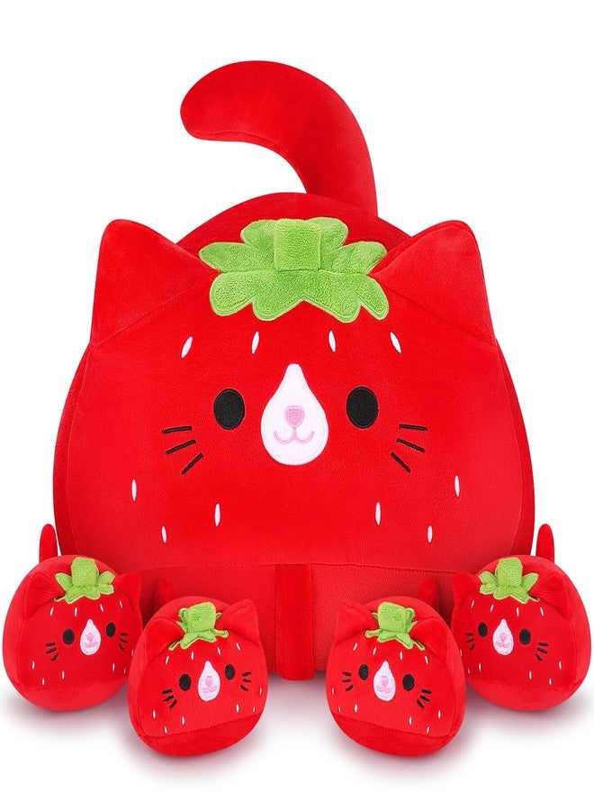 Auspicious beginning 5 PCS Strawberry Cat Plush Stuffed Animal Family-19" Soft Strawberry Cat Plush, Large Mommy Plushies with 4 Baby Kittens Plushies, Kawaii Plushie Toy Christmas Birthday Gifts for Kids Boys - Image 1