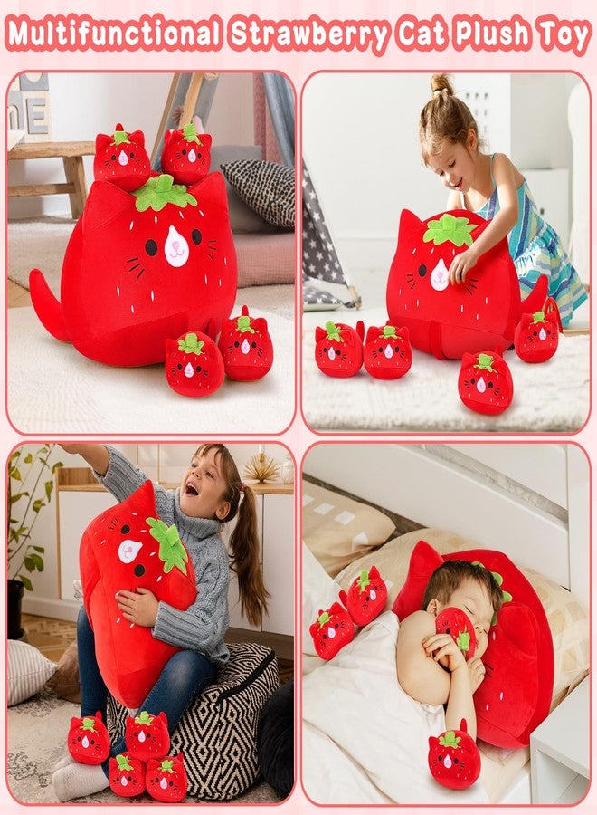 Auspicious beginning 5 PCS Strawberry Cat Plush Stuffed Animal Family-19" Soft Strawberry Cat Plush, Large Mommy Plushies with 4 Baby Kittens Plushies, Kawaii Plushie Toy Christmas Birthday Gifts for Kids Boys - Image 5