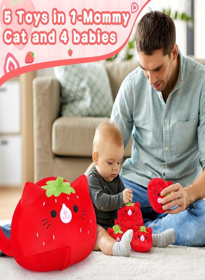 Auspicious beginning 5 PCS Strawberry Cat Plush Stuffed Animal Family-19" Soft Strawberry Cat Plush, Large Mommy Plushies with 4 Baby Kittens Plushies, Kawaii Plushie Toy Christmas Birthday Gifts for Kids Boys - Image 4