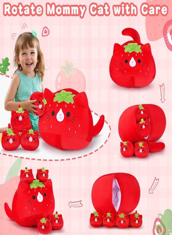 Auspicious beginning 5 PCS Strawberry Cat Plush Stuffed Animal Family-19" Soft Strawberry Cat Plush, Large Mommy Plushies with 4 Baby Kittens Plushies, Kawaii Plushie Toy Christmas Birthday Gifts for Kids Boys - Image 3