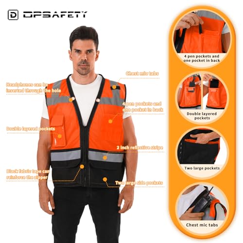 DPSAFETY Reflective Safety vest With back plan pocket,High visibility Class 2 Heavy Duty Surveyor Vest with Zipper,Hi Vis Construction Work Vest for Men＆Women ANSI/ISEA(Orange-Bottom,3XL) - Image 3
