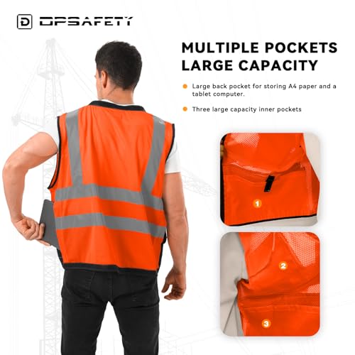 DPSAFETY Reflective Safety vest With back plan pocket,High visibility Class 2 Heavy Duty Surveyor Vest with Zipper,Hi Vis Construction Work Vest for Men＆Women ANSI/ISEA(Orange-Bottom,3XL) - Image 2