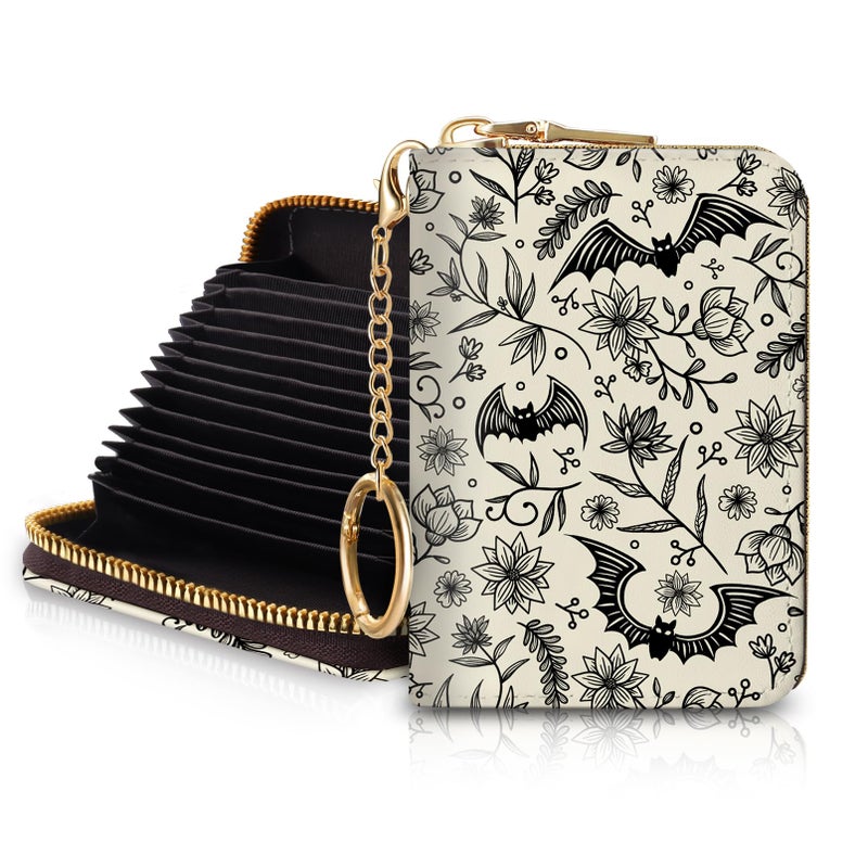 Blusabaca Goth Bat Credit Card Holder for Women, Gothic Floral Small RFID Wallet with Zipper, Card Keychain Wallet, Leather Wallet Card Case, Business Accordion Wallet Gift - Image 1