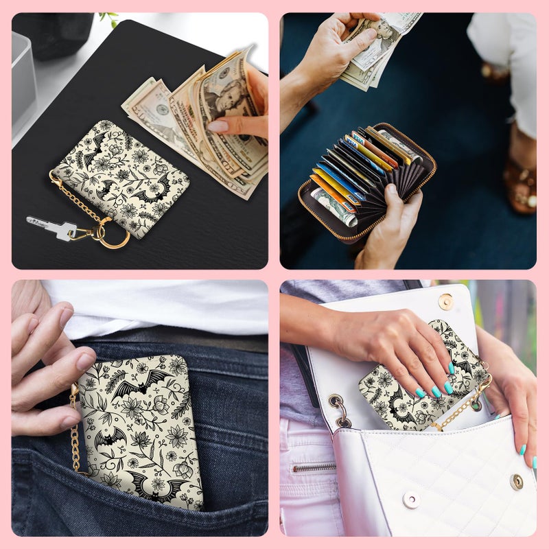 Blusabaca Goth Bat Credit Card Holder for Women, Gothic Floral Small RFID Wallet with Zipper, Card Keychain Wallet, Leather Wallet Card Case, Business Accordion Wallet Gift - Image 3