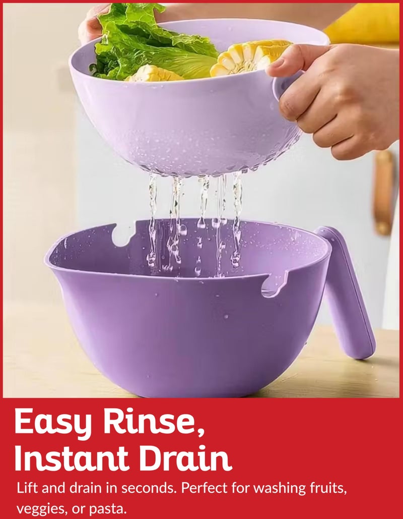 Boxiki Kitchen Multi Functional Draining Basket â€“ Double Layer Colander & Bowl for Pasta, Fruits & Vegetables â€“ Durable BPA-Free, Dishwasher Safe - Purple. - Image 2