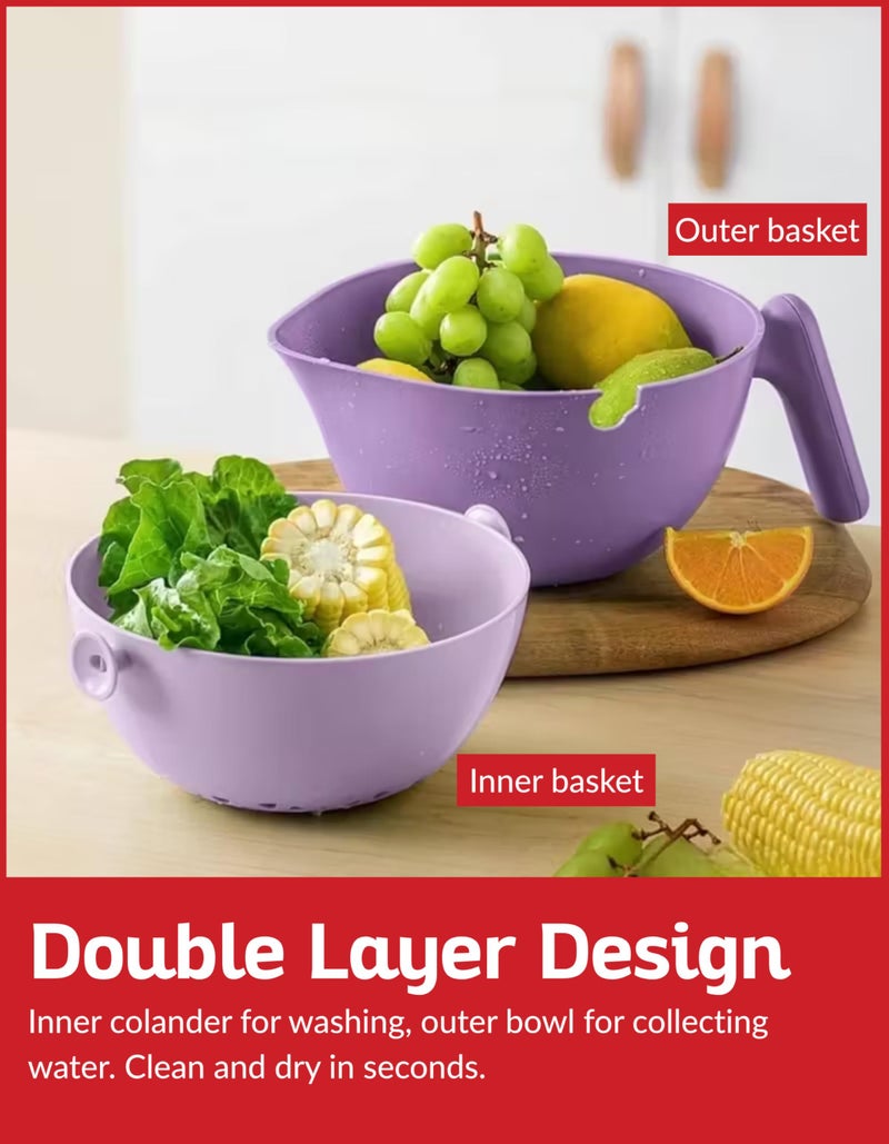 Boxiki Kitchen Multi Functional Draining Basket â€“ Double Layer Colander & Bowl for Pasta, Fruits & Vegetables â€“ Durable BPA-Free, Dishwasher Safe - Purple. - Image 3