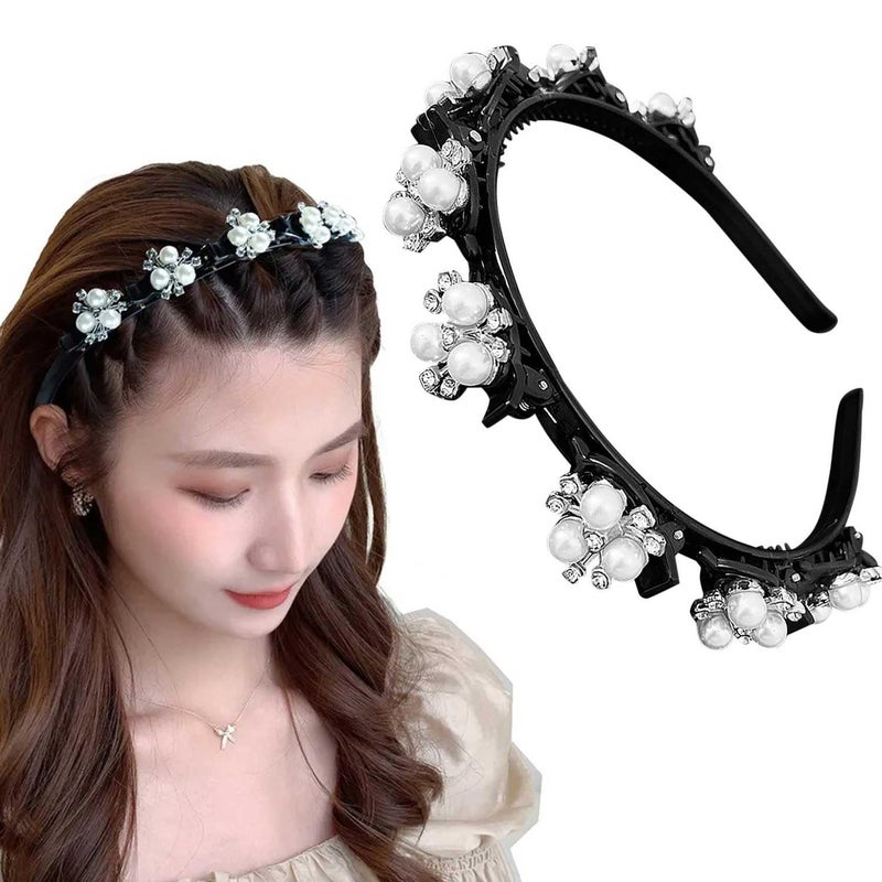 LYKAA Stylish Braided Double Layer Twist Plait Plastic Headband with Elegant Flower Alligator Clips Chic Pearls and Rhinestones Hair Accessories For Women Girls (Pack of 1) - Image 1