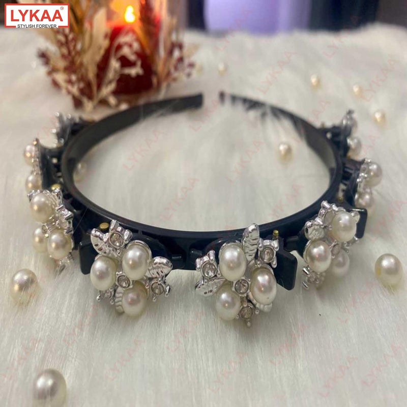 LYKAA Stylish Braided Double Layer Twist Plait Plastic Headband with Elegant Flower Alligator Clips Chic Pearls and Rhinestones Hair Accessories For Women Girls (Pack of 1) - Image 5