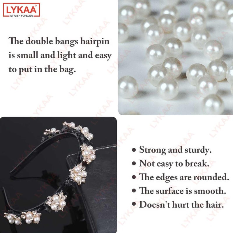 LYKAA Stylish Braided Double Layer Twist Plait Plastic Headband with Elegant Flower Alligator Clips Chic Pearls and Rhinestones Hair Accessories For Women Girls (Pack of 1) - Image 4