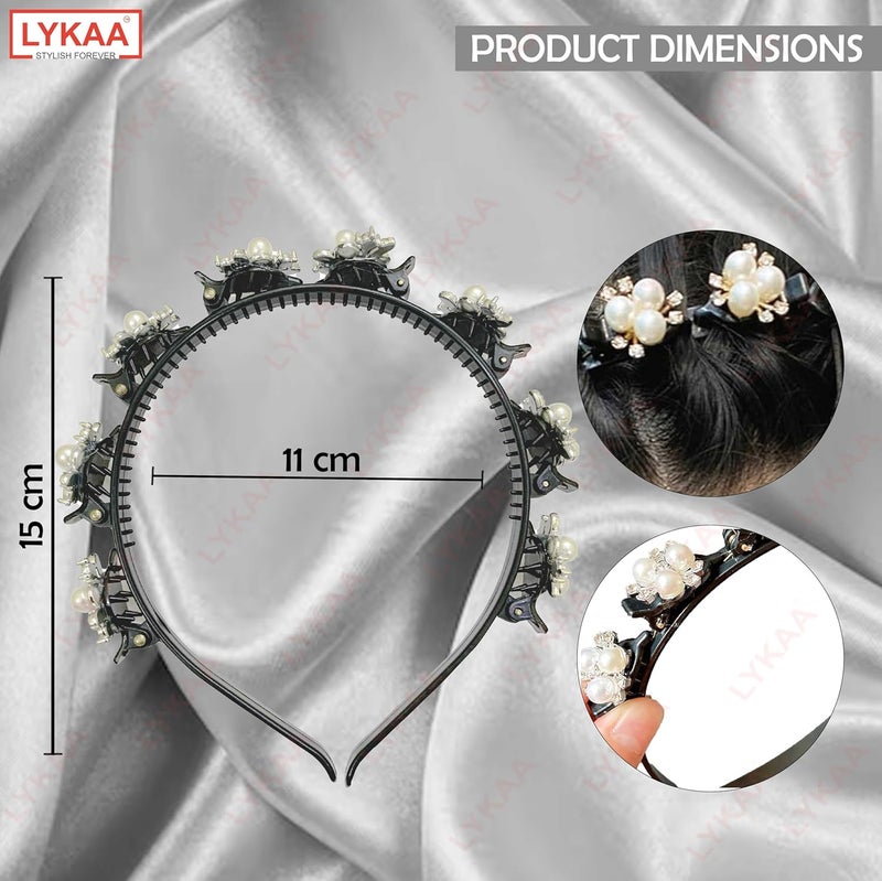 LYKAA Stylish Braided Double Layer Twist Plait Plastic Headband with Elegant Flower Alligator Clips Chic Pearls and Rhinestones Hair Accessories For Women Girls (Pack of 1) - Image 2