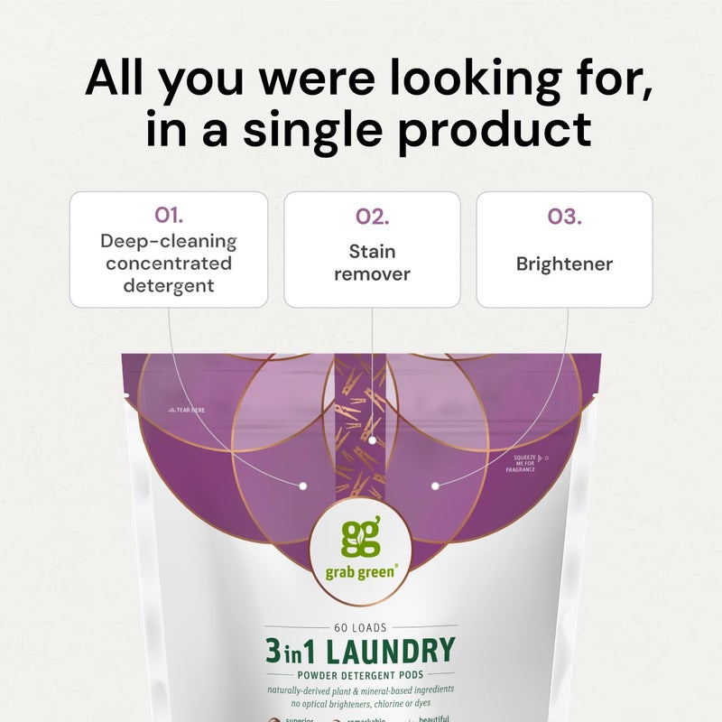 Grab Green Natural 3 in 1 Laundry Detergent Pods, Gardenia-with Essential Oils, 132 Loads, Organic Enzyme-Powered, Plant & Mineral-Based, White, 74.5Oz - Image 5