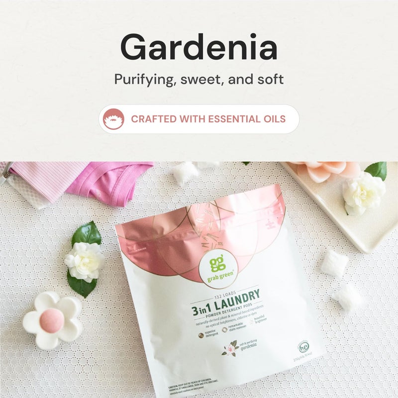 Grab Green Natural 3 in 1 Laundry Detergent Pods, Gardenia-with Essential Oils, 132 Loads, Organic Enzyme-Powered, Plant & Mineral-Based, White, 74.5Oz - Image 2