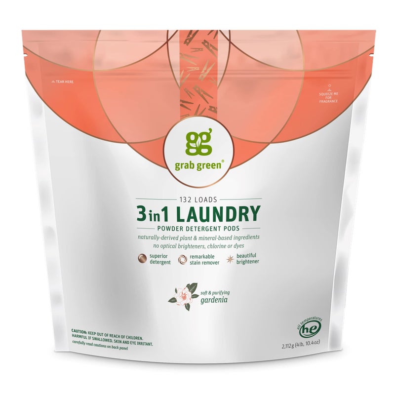 Grab Green Natural 3 in 1 Laundry Detergent Pods, Gardenia-with Essential Oils, 132 Loads, Organic Enzyme-Powered, Plant & Mineral-Based, White, 74.5Oz - Image 1