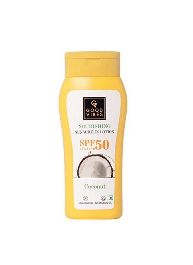 Good Vibes Coconut Nourishing Sunscreen Lotion Spf 50 (110 Ml) ; Sun Protection For All Skin Types ; With Lime & Rosemary Leaf Oil ; Soothing Detanning ; Vegan No Parabens Mineral Oil & Silicones  - Image 1
