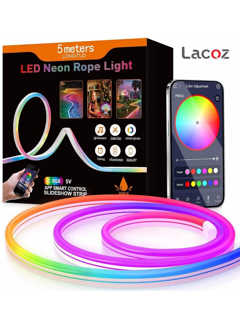 Lacoz 5M LED Neon Rope Light RGB IC Smart Strip With App Control Music Sync Waterproof IP68 Flexible Neon LED Strip with Remote and Timer for Home Bedroom Outdoor Decoration - Image 2