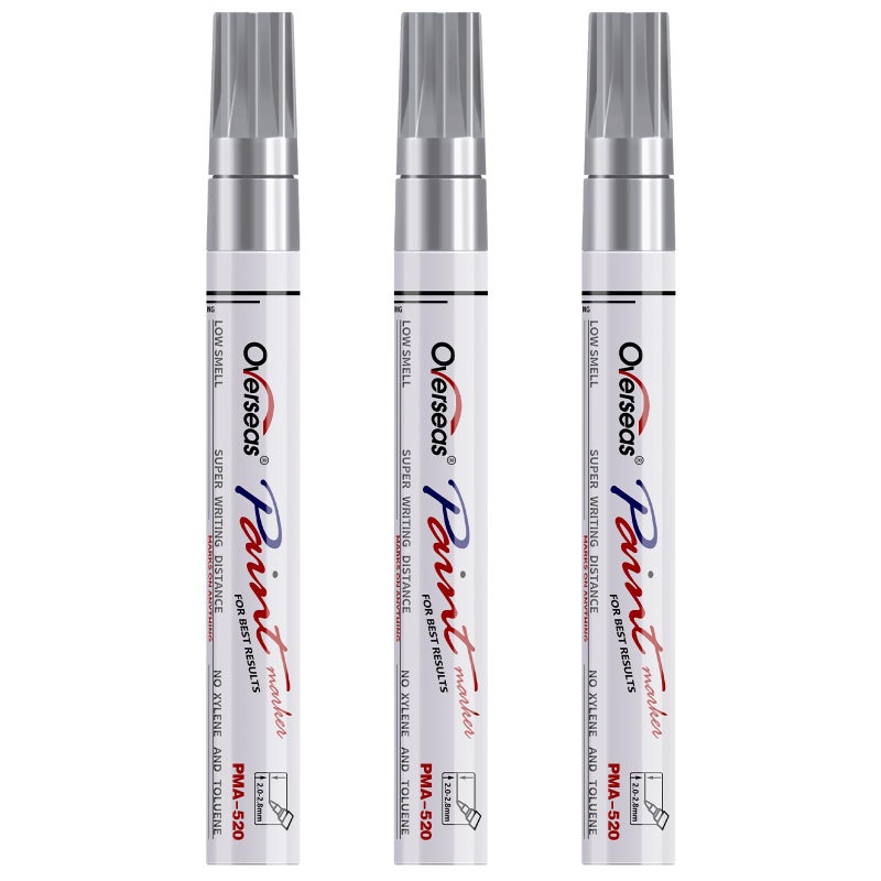 Overseas Permanent Paint Markers Pens - 3 Pack Silver Oil Based Paint Pens, Medium Tip, Quick Drying and Waterproof Marker Pen for Metal, Rock, Wood, Fabric, Plastic, Canvas, Mugs, Stone, Glass - Image 1