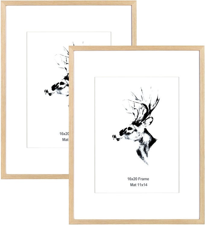 16X20 PICTURE FRAME MATTED TO 11X14 SET OF 2 NATURAL SOLID OAK WOOD FRAME 16X20 FOR PHOTOS POSTERS ART PRINTS HORIZONTAL AND VERTICAL WALL MOUNT 2 PACK OAK