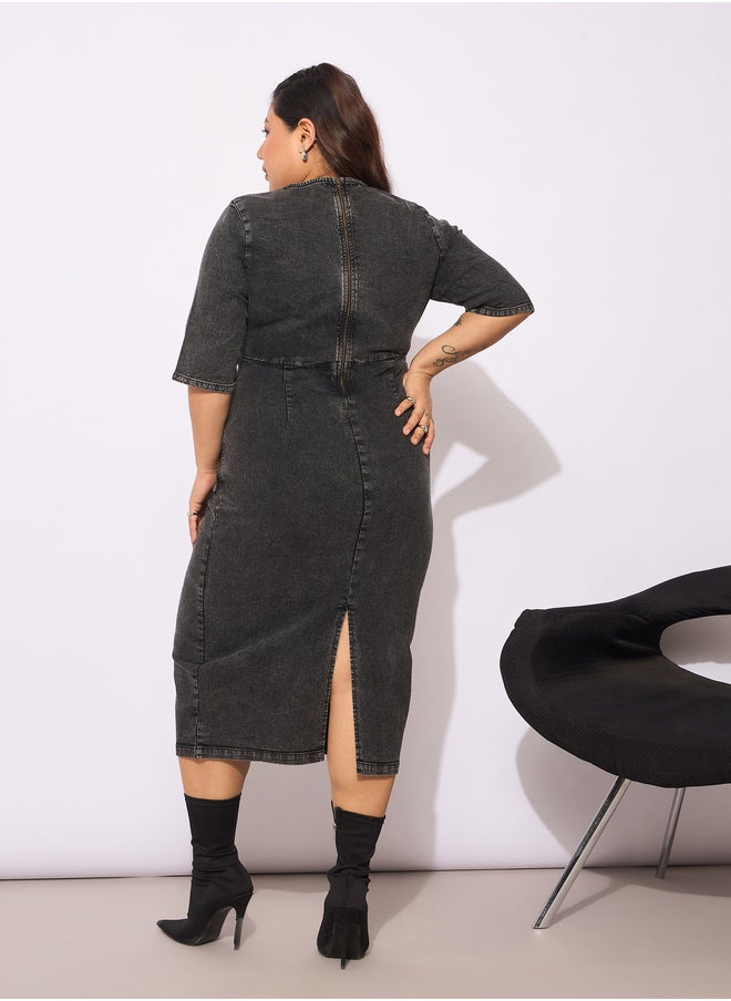 SASSAFRAS Plus Size Denim V-Neck Front Peplum Dress  - Image 5