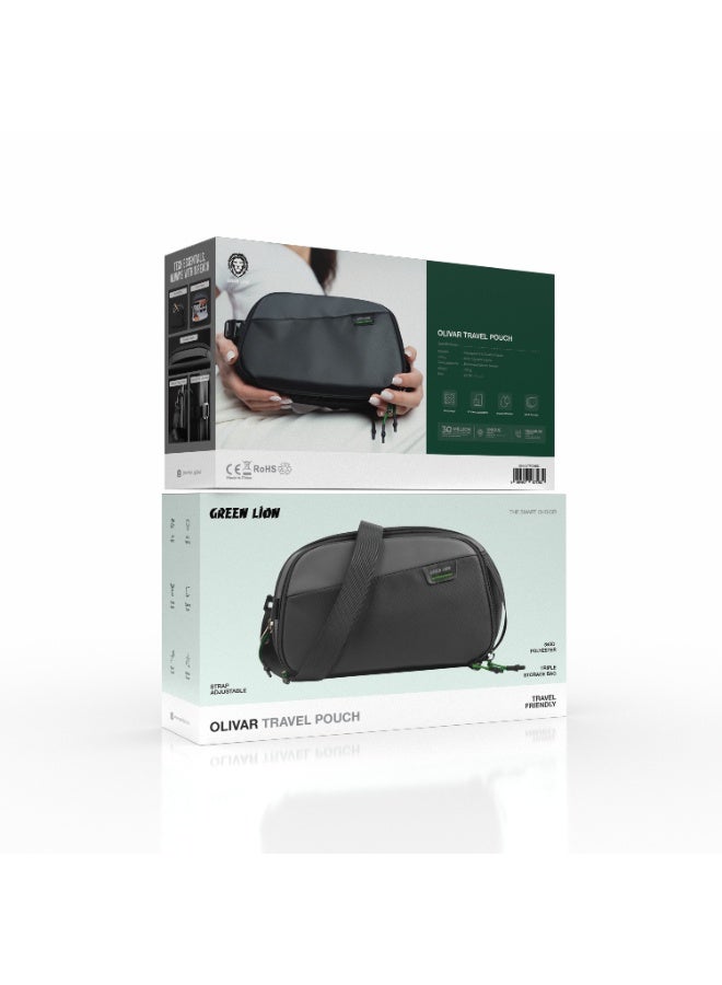 GREEN LION Olivar Travel Pouch / Waterproof PU Cloth / Soft Polyester Lining / Adjustable Strap / Spacious Design with Multiple Compartments / Durable Zipper / Splash-Resistant / Travel-Friendly - Image 3