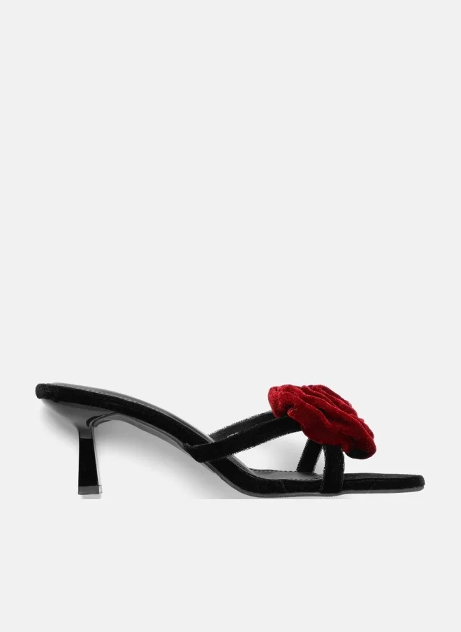 MUSE Black 3 inch Slim Heel with Floral Ornament, PETA-approved & Vegan