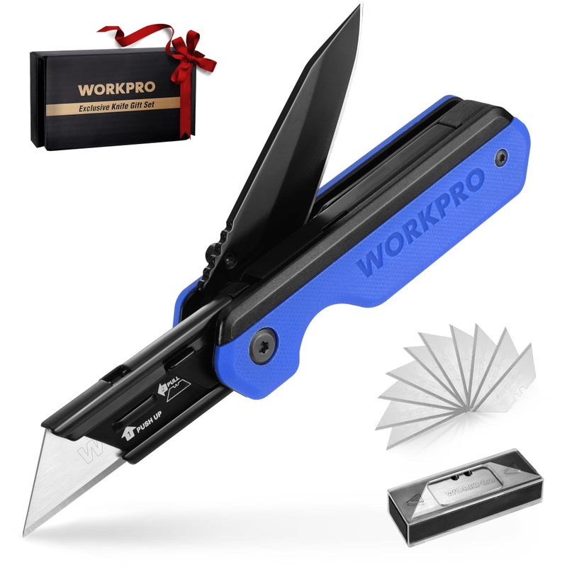 WORKPRO 2-in-1 Folding Knife/Utility Knife, Quick-Change Box Cutter with Belt Clip, Liner Lock, and G10 Handle, Extra 10 SK5 Blades Included, Blue - Image 1