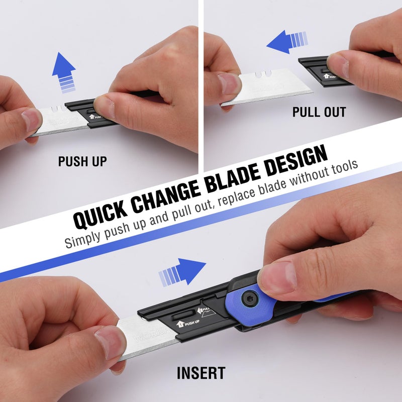 WORKPRO 2-in-1 Folding Knife/Utility Knife, Quick-Change Box Cutter with Belt Clip, Liner Lock, and G10 Handle, Extra 10 SK5 Blades Included, Blue - Image 5