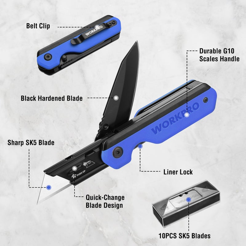 WORKPRO 2-in-1 Folding Knife/Utility Knife, Quick-Change Box Cutter with Belt Clip, Liner Lock, and G10 Handle, Extra 10 SK5 Blades Included, Blue - Image 3