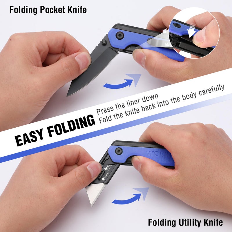 WORKPRO 2-in-1 Folding Knife/Utility Knife, Quick-Change Box Cutter with Belt Clip, Liner Lock, and G10 Handle, Extra 10 SK5 Blades Included, Blue - Image 4