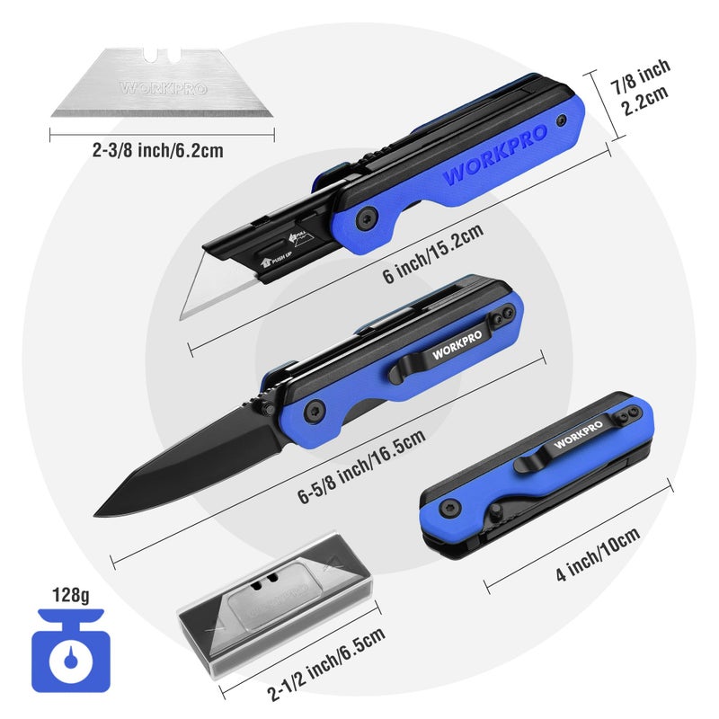 WORKPRO 2-in-1 Folding Knife/Utility Knife, Quick-Change Box Cutter with Belt Clip, Liner Lock, and G10 Handle, Extra 10 SK5 Blades Included, Blue - Image 2