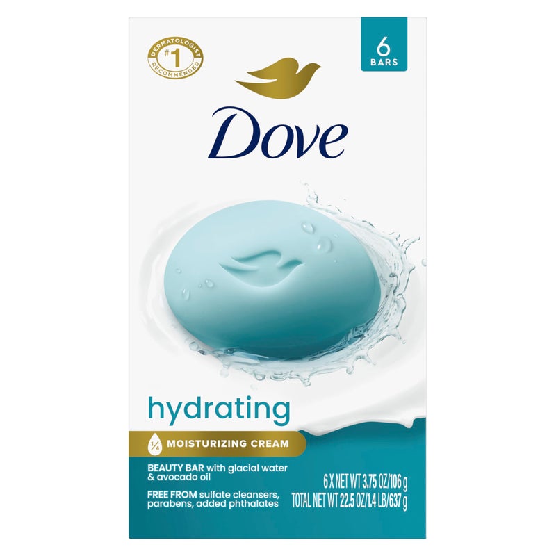 Dove Beauty Bar 6 Pack Hydrating with Glacial water & Avocado oil Cleanses & Hydrates 3.75 Oz - Image 1