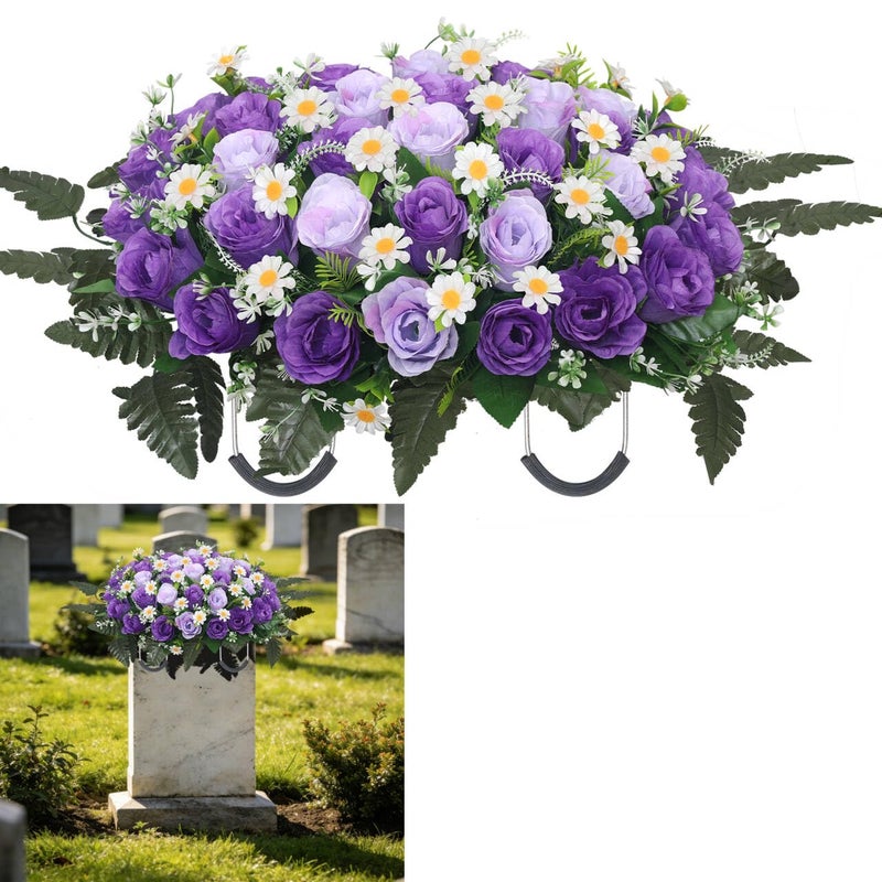 Wocst Headstone Flower Saddle,Large Artificial Cemetery Flowers for Grave Artificial Roses Daisy Saddle for Cemetery Headstone (Purple) - Image 1