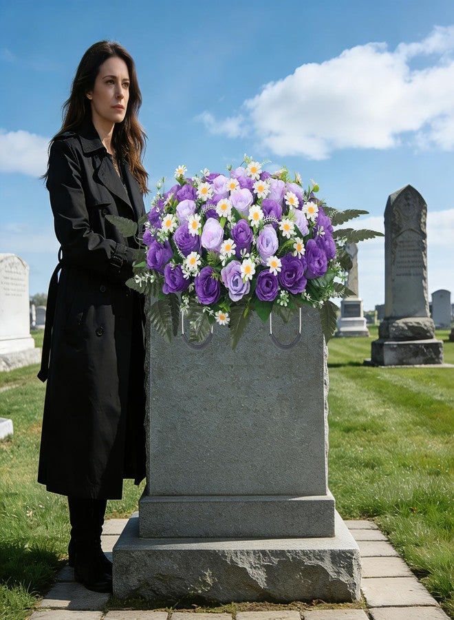 Wocst Headstone Flower Saddle,Large Artificial Cemetery Flowers for Grave Artificial Roses Daisy Saddle for Cemetery Headstone (Purple) - Image 5