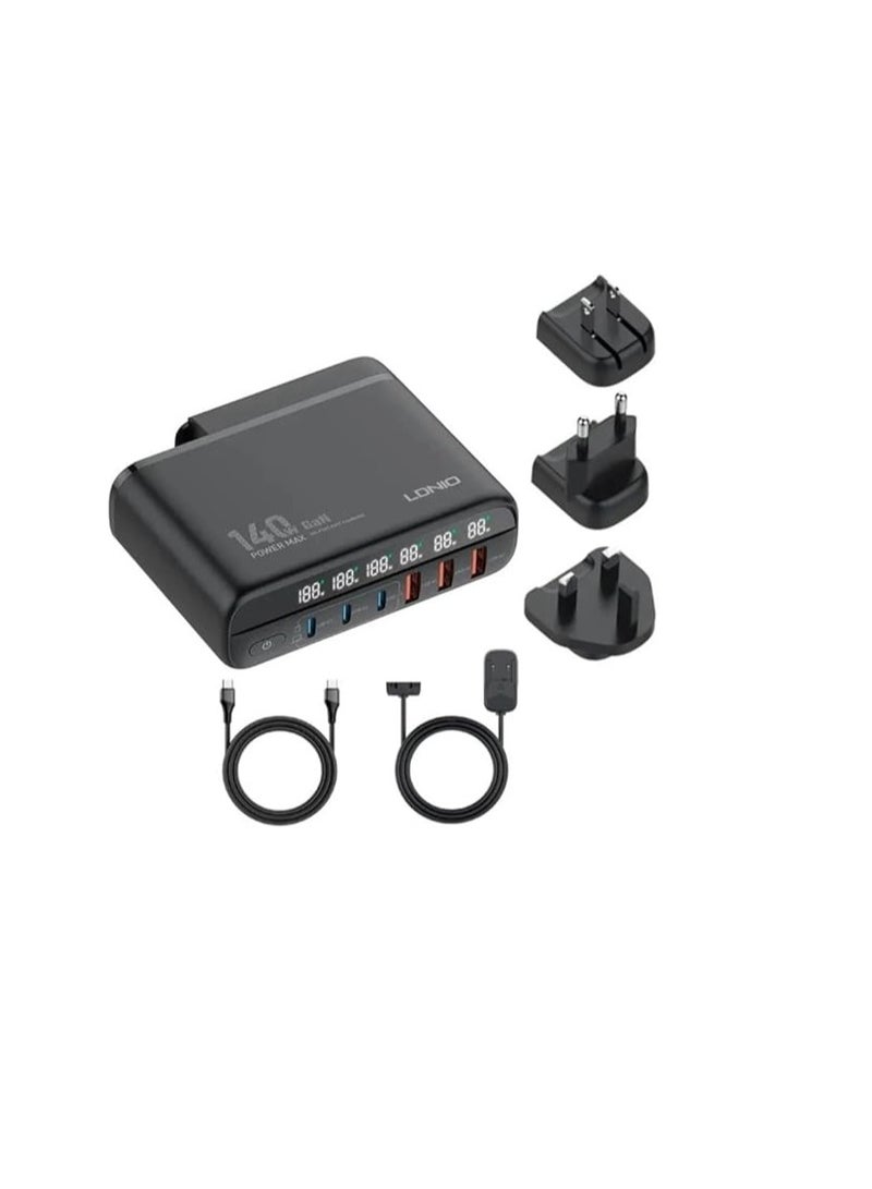 لدنيو شاحن سطح المكتب فائق السرعة A6140C، 140 واط GaN، 6 منافذ، قابس الاتحاد الأوروبي مع Type-C إلى Type-C - أسود - Image 1