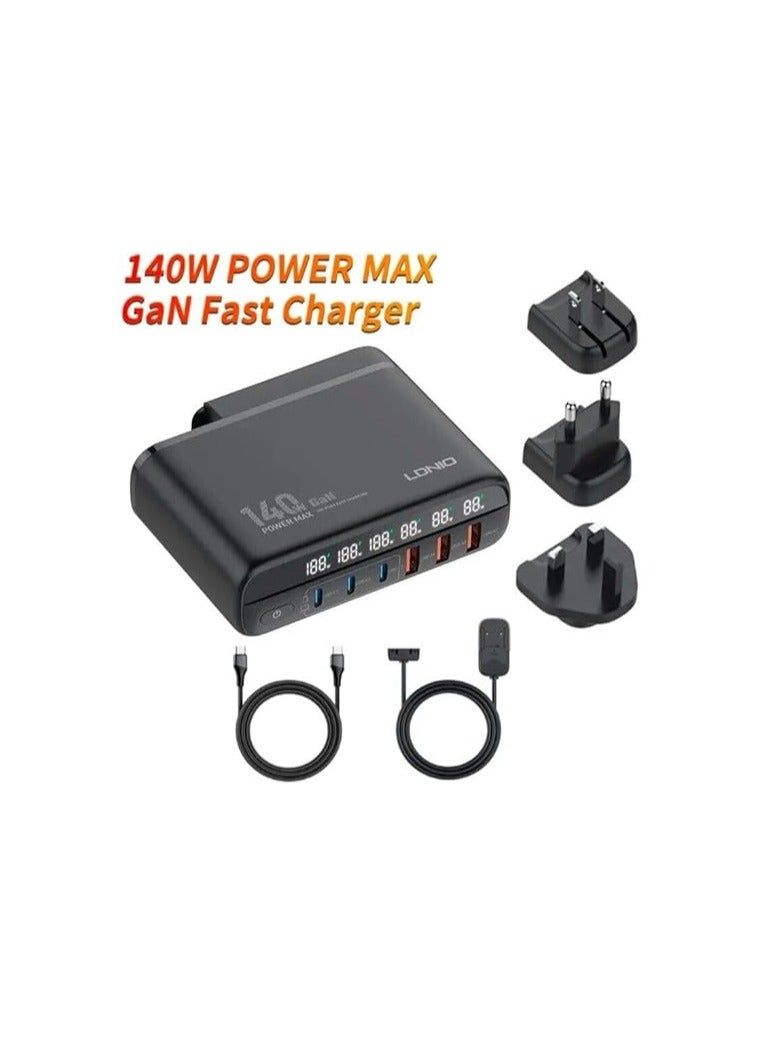 لدنيو شاحن سطح المكتب فائق السرعة A6140C، 140 واط GaN، 6 منافذ، قابس الاتحاد الأوروبي مع Type-C إلى Type-C - أسود - Image 2