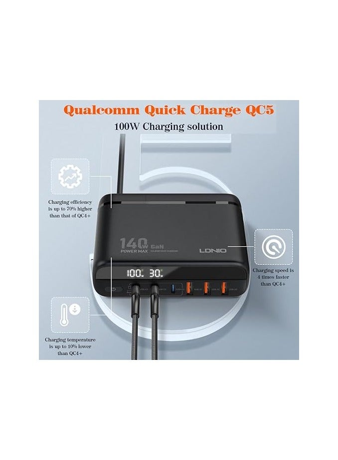 لدنيو شاحن سطح المكتب فائق السرعة A6140C، 140 واط GaN، 6 منافذ، قابس الاتحاد الأوروبي مع Type-C إلى Type-C - أسود - Image 3