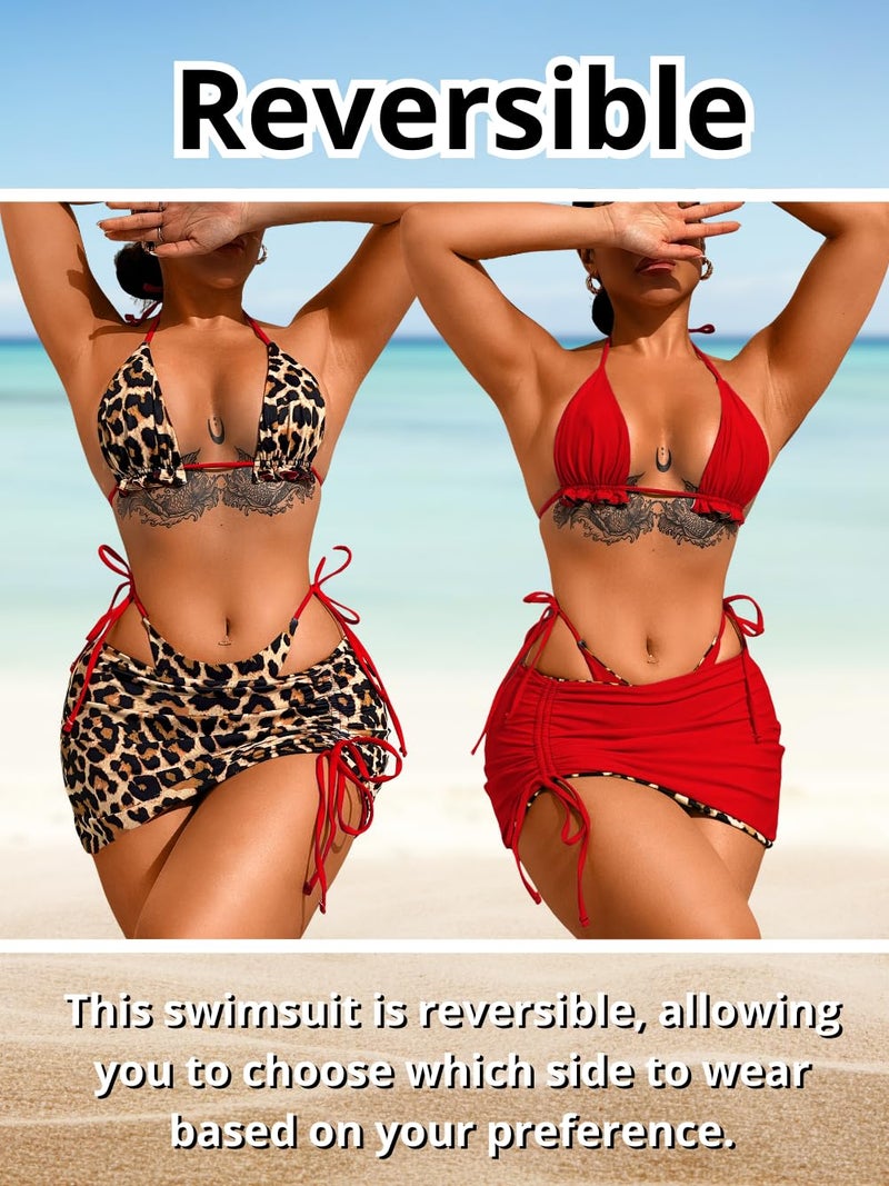 ShawGobow Womens 3 Piece Leopard Bikini Set,Triangle String High Cut Thong Sexy Swimsuit & Coverup Skirt,Pool Party Outfit Red Large - Image 4