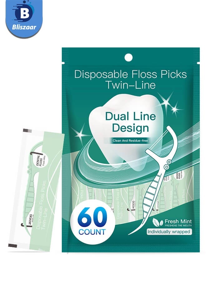بليزار أعواد خيط تنظيف الأسنان مزدوجة الخطوط (60 قطعة) - أعواد خيط تنظيف الأسنان نباتية، خيط تنظيف الأسنان بالنعناع الطبيعي للبالغين والأطفال، أعواد خيط تنظيف الأسنان النباتية غير السامة وعيدان خيط تنظيف الأسنان، خضراء - Image 1